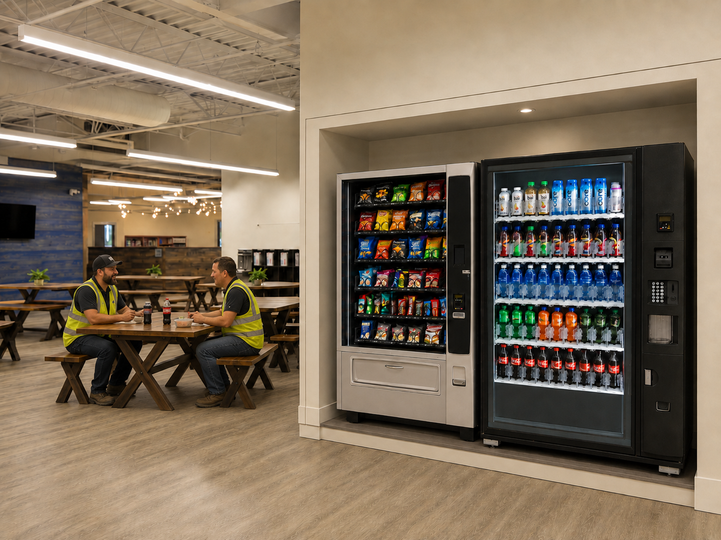 Snack and beverage vending machines in an industrial employee break room with workers having lunch.