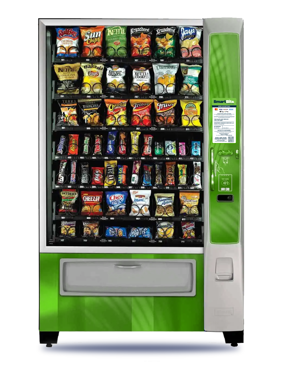 Crane snack vending machine stocked with chips candy and snacks