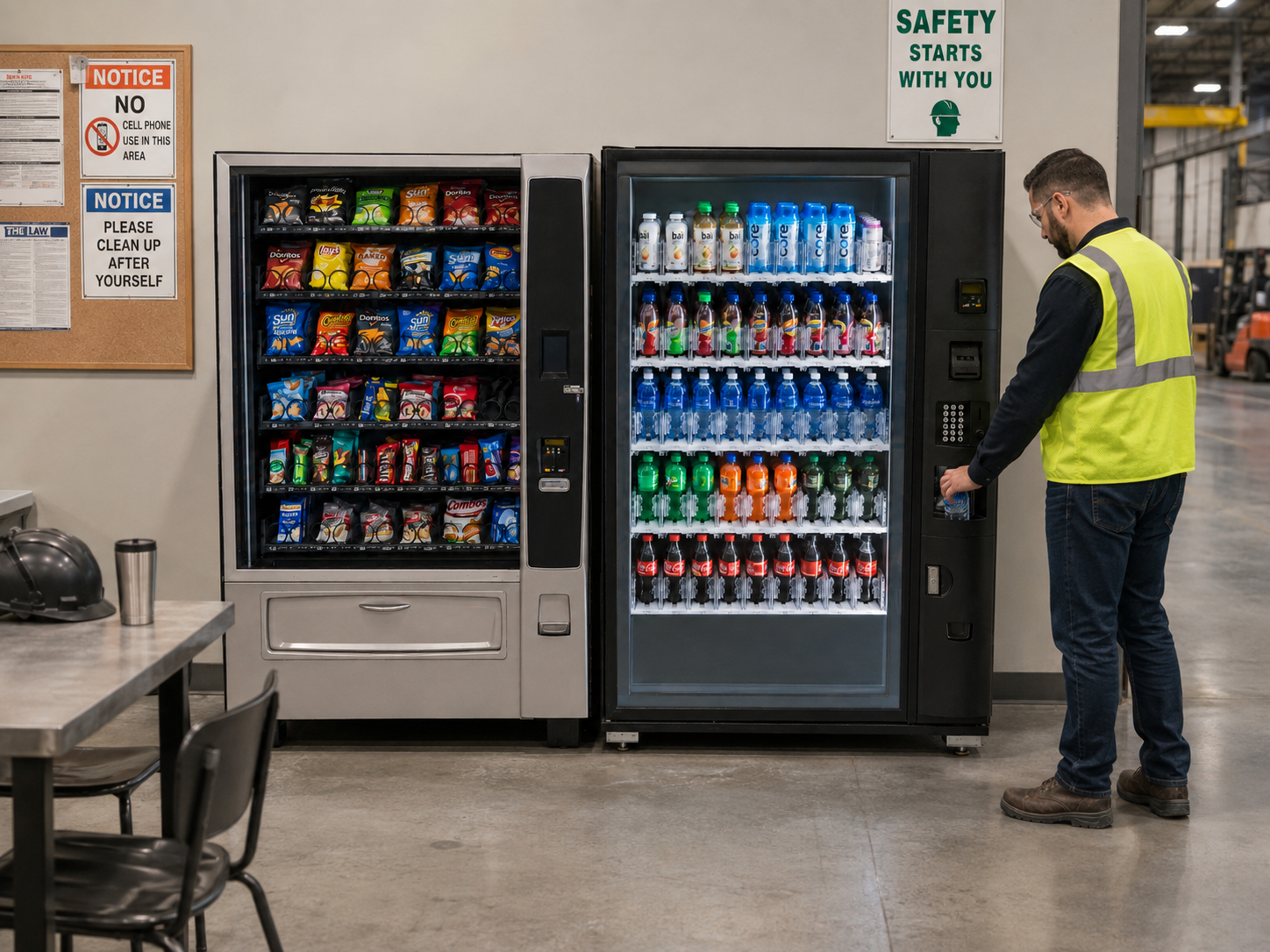 Industrial employee using a snack and drink vending machine in a Southern California warehouse break area
