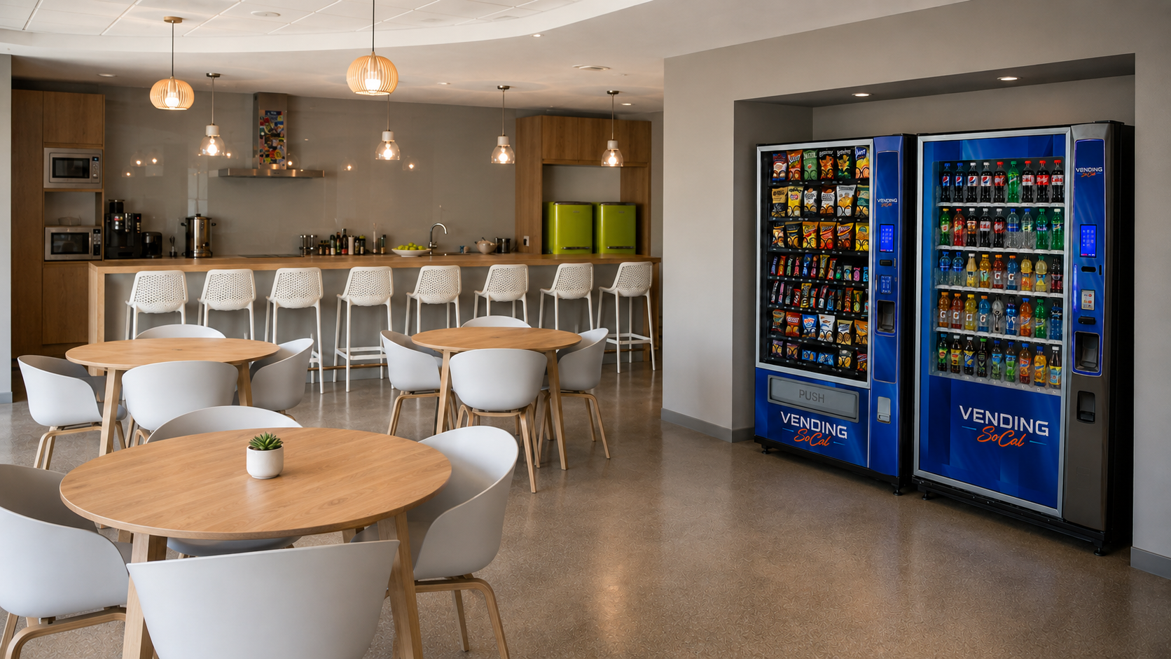 Modern office break room with Vending SoCal snack and drink machines