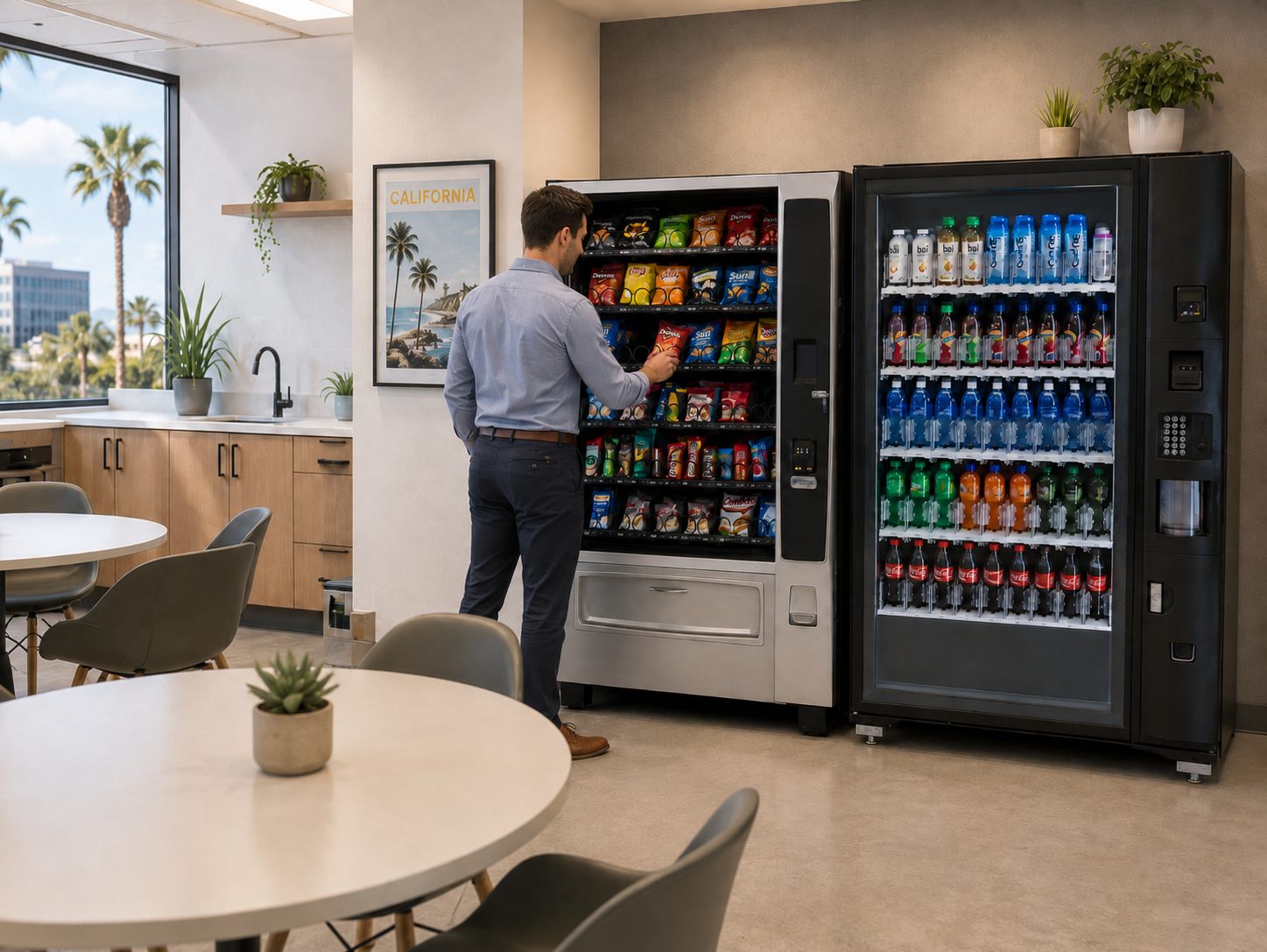 Modern office lounge with snack and drink vending machines