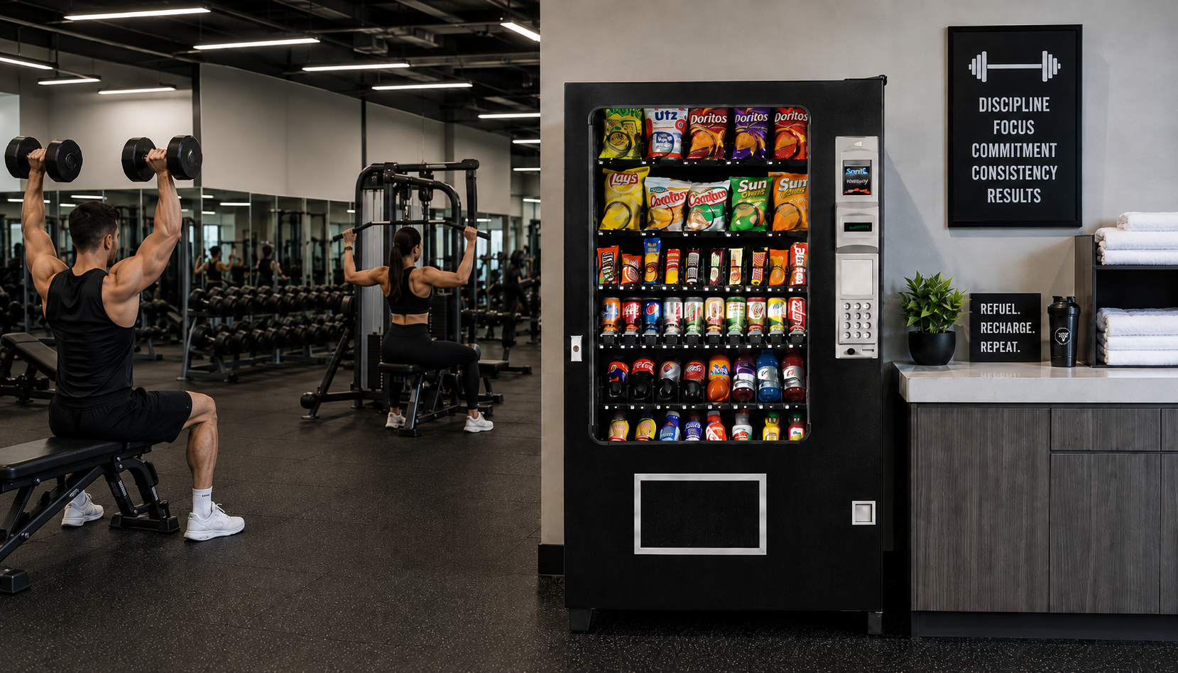 Vending machine in a gym with snacks and drinks next to weight training equipment