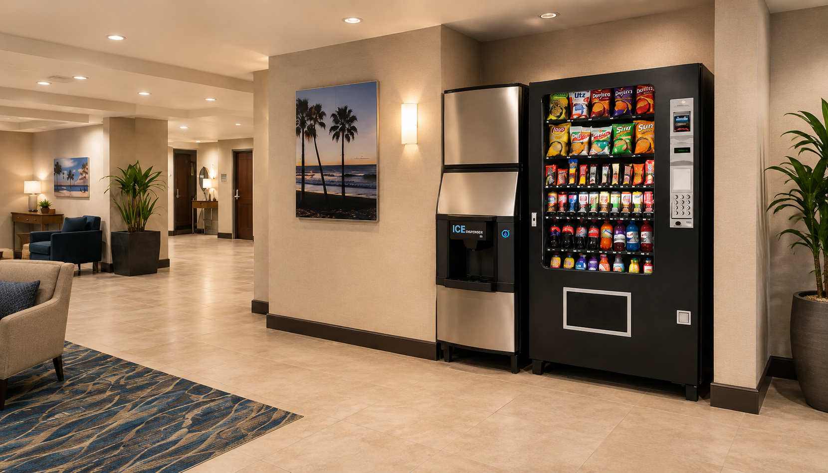 Vending machine and ice dispenser in an upscale hotel lobby