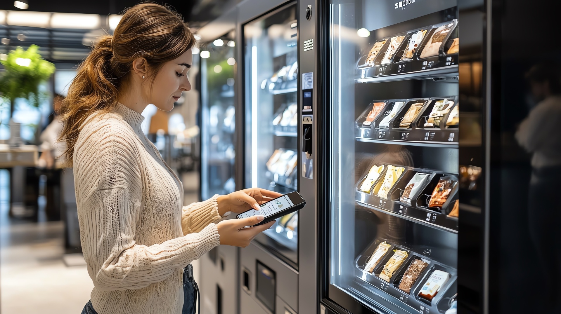Woman using her phone at a modern snack vending machine