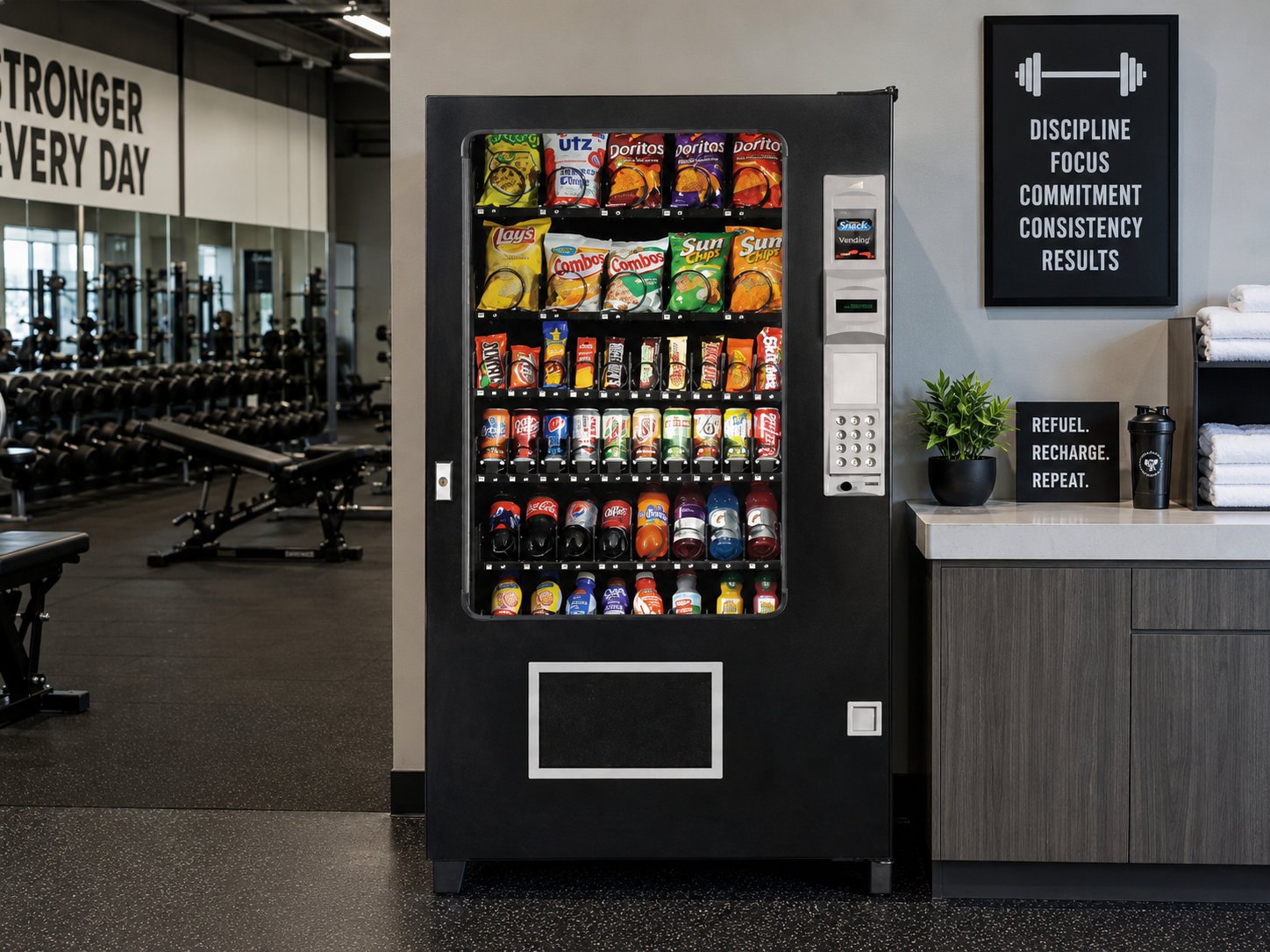 Gym vending machine stocked with snacks and drinks in a fitness center