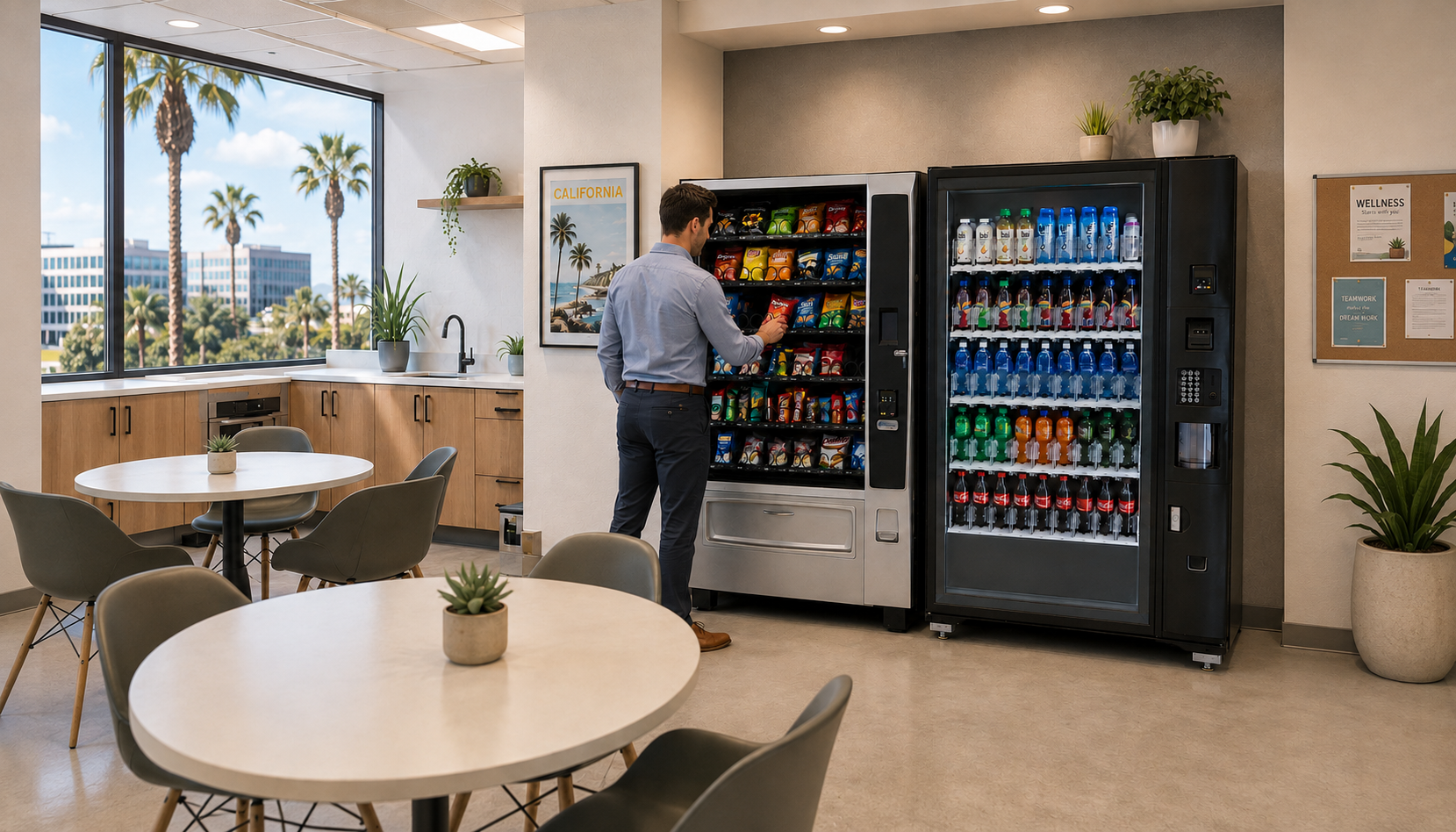 Man selecting a snack from vending machines in a modern Orange County office breakroom