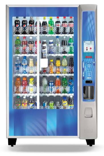 Glass-front drink vending machine stocked with cold beverages