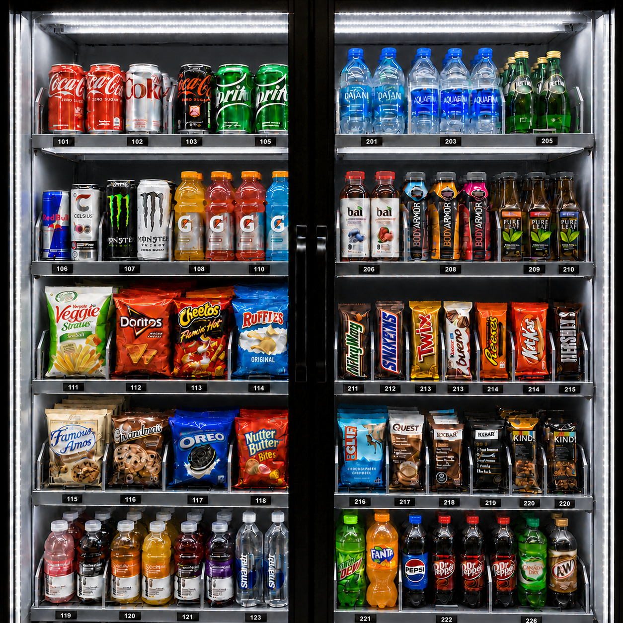 Drinks, snacks, and treats stocked inside a vending machine