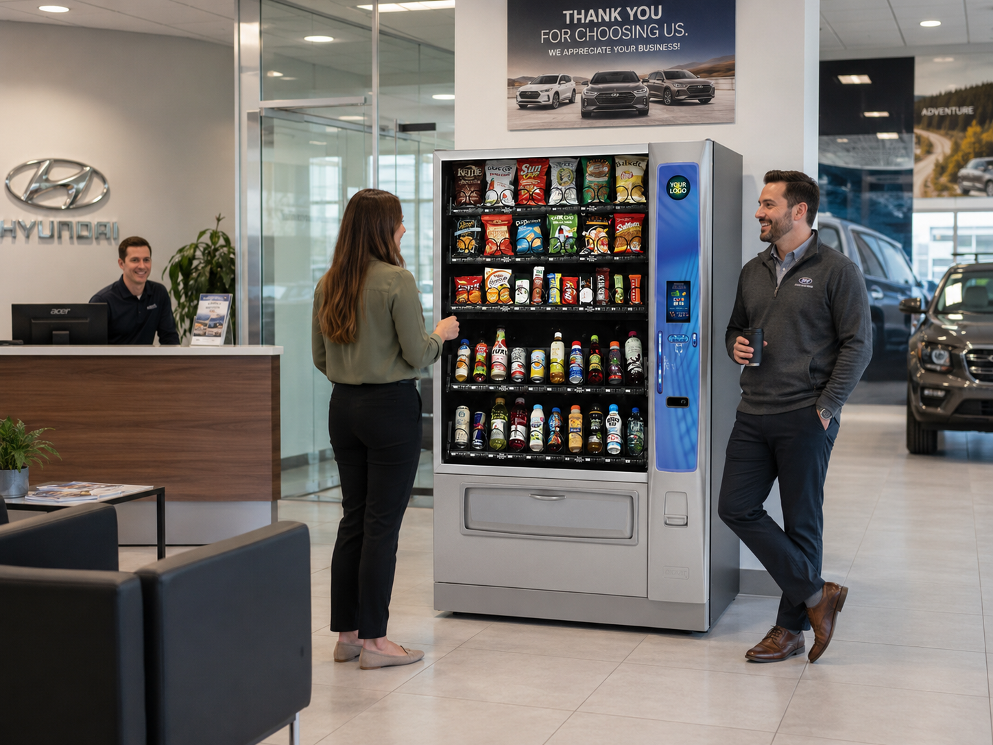 Snack and drink vending machine in a Hyundai car dealership showroom in Orange County