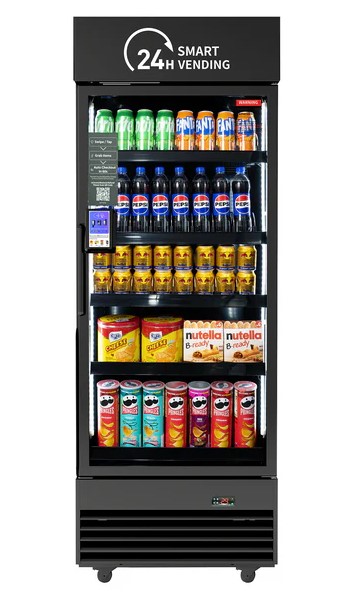 Smart cooler vending machine stocked with drinks and snacks